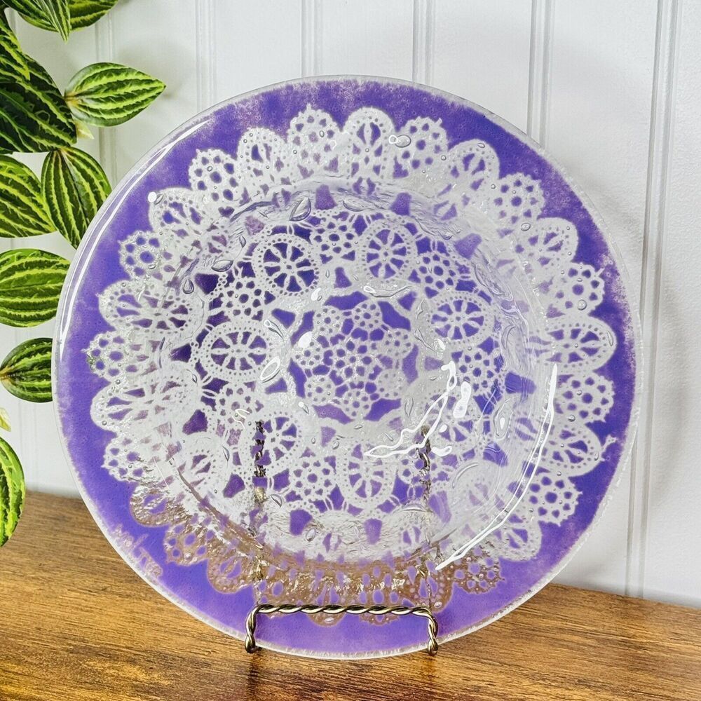 Edwin Walter Fused Art Glass 8.75” Bowl Plate Lace Lavender Purple Design RARE